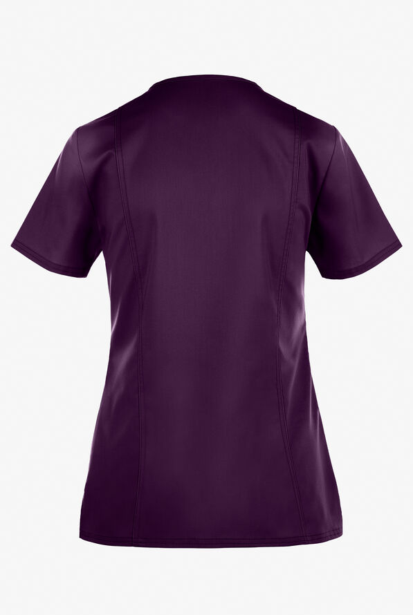 Cherokee Workwear Revolution Women's 2-Pocket STRETCH Mock Wrap Scrub Top - Eggplant - 3