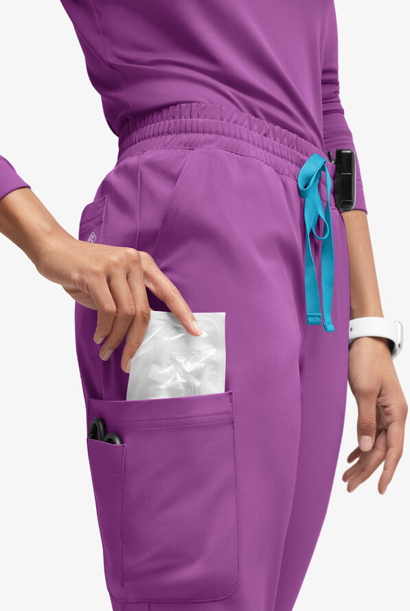 Easy STRETCH Naya Women’s Natural Waist 6-Pocket Straight Leg Scrub Pants - Petite - Purple Swirl/Turquoise - 2