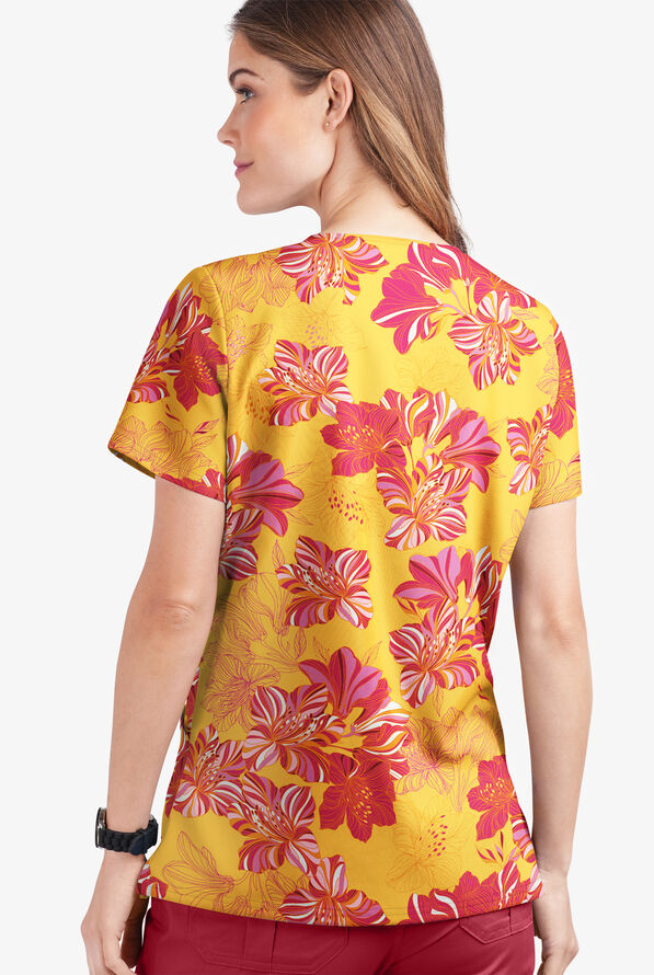UA Butter-Soft STRETCH Garden Lilies Pineapple Women's 2-Pocket V-Neck Print Scrub Top - null - 2
