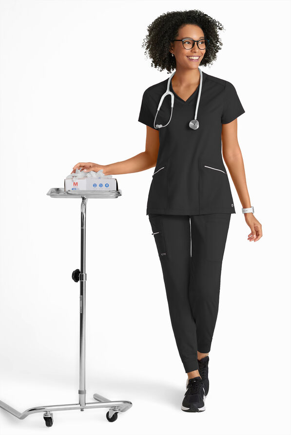 Barco One Performance Knit Victory Women's 2-Pocket STRETCH V-Neck Scrub Top - Black - 4