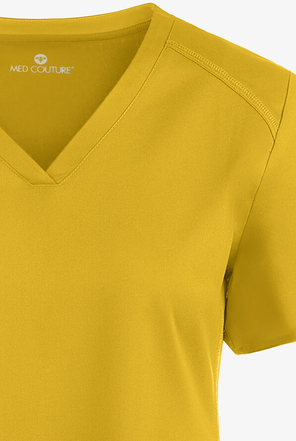 Med Couture Touch Women's 3-Pocket STRETCH Rib-Knit Side Panels Shirttail V-Neck Scrub Top - Midsummer Gold - 4