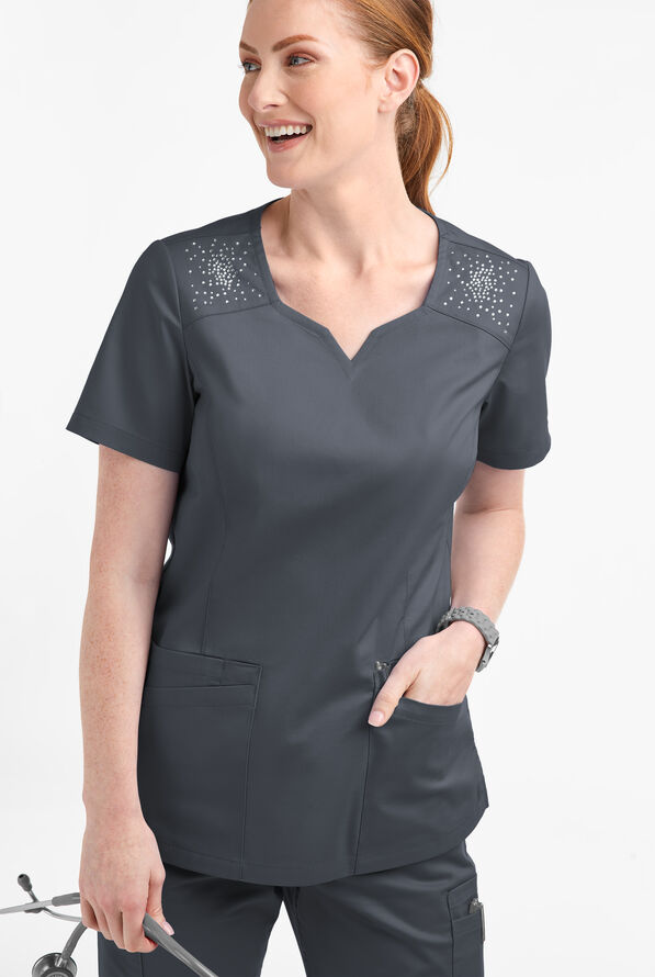 Blusa m&eacute;dica UA Butter-Soft STRETCH Crystal Bling con 6 bolsillos para mujer - Pewter - 2