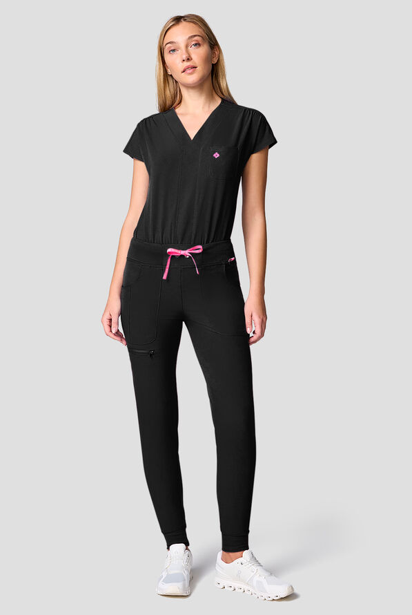 Med Couture Amp Women's 1-Pocket STRETCH Dolman Sleeve V-Neck Scrub Body Suit - Black - 3