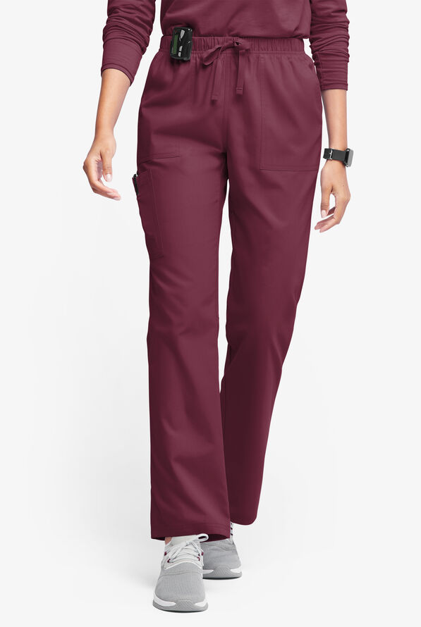 Pantalón médico Butter-Soft Originals de tiro medio estilo cargo con piernas rectas y 7 bolsillos para mujer - Wine - 1