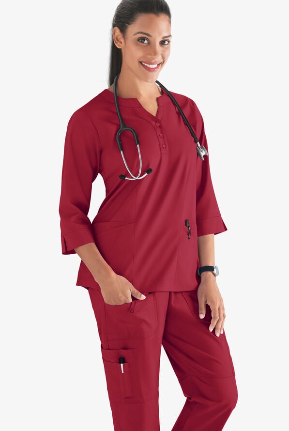 Butter-Soft STRETCH Women's 4-Pocket 3/4" Sleeve Round Neck Scrub Top - Ruby - 2