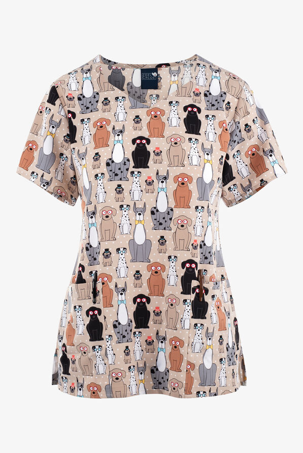 Zoe & Chloe Buster and Tiny Dog Women's 2-Pocket STRETCH Diamond Neck Print Scrub Top - null - 1