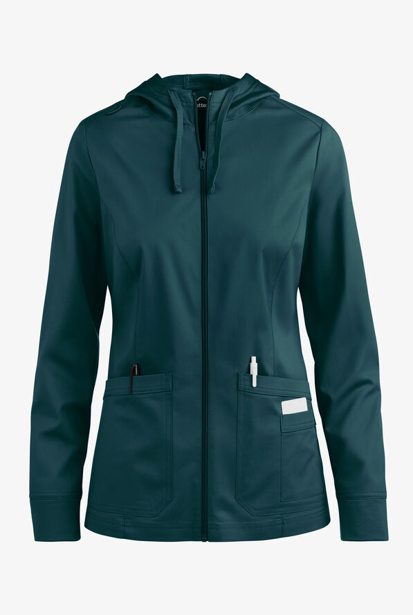 Butter-Soft STRETCH Women's 3-Pocket Zip-Front with Cozy Knit Hood and Trim Scrub Jacket - Caribbean Blue - 1