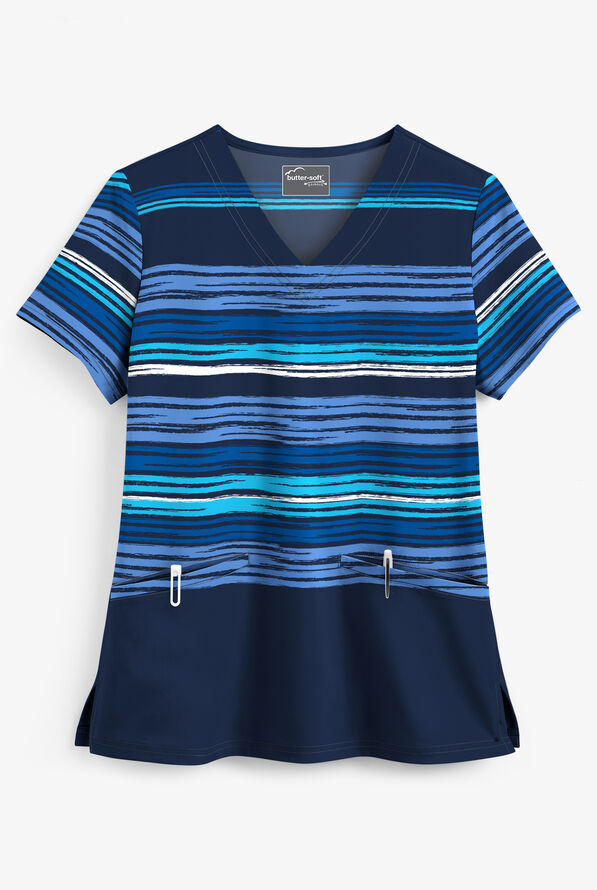 Butter-Soft Striped Navy Women's 2-Pocket V-Neck Print Scrub Top - null - 1