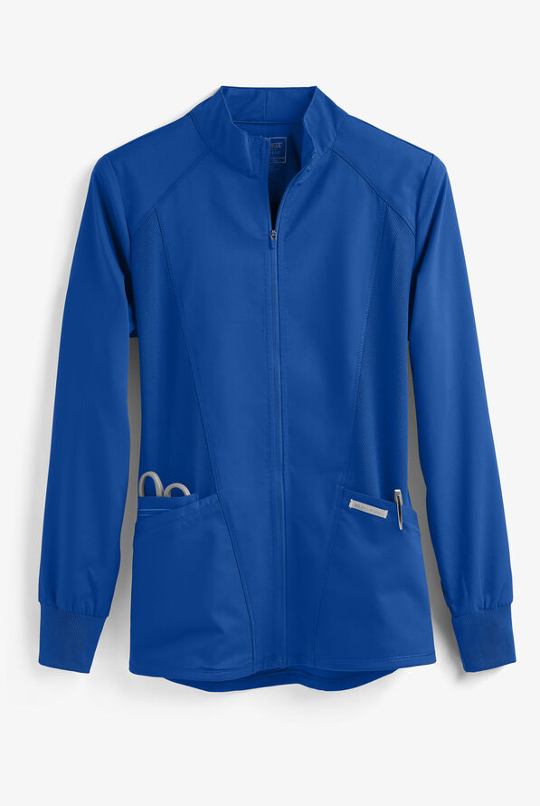 Cherokee Workwear Revolution Women's 3-Pocket STRETCH Mesh Panels Zip Front Scrub Jacket - Royal - 1