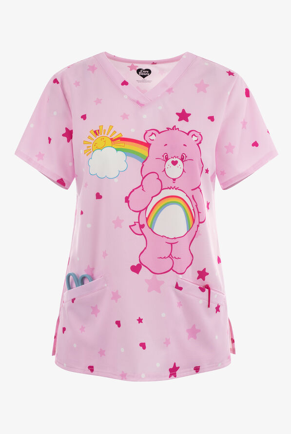 FUNSCRUBS Care Bears Rainbow Women's 2-Pocket STRETCH V-Neck Print Scrub Top - null - 1