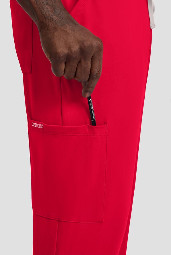 Cherokee Achieve Men's 5-Pocket STRETCH Straight Leg Cargo Knit Scrub Pants - Red - 2