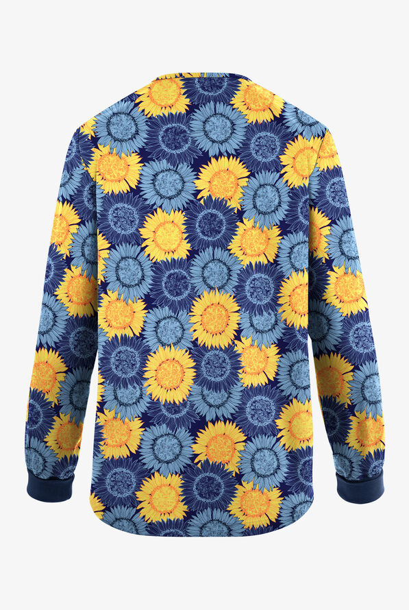 Butter-Soft Originals Sunflower Field Navy Women's 3-Pocket Snap Front Print Scrub Jacket - null - 2