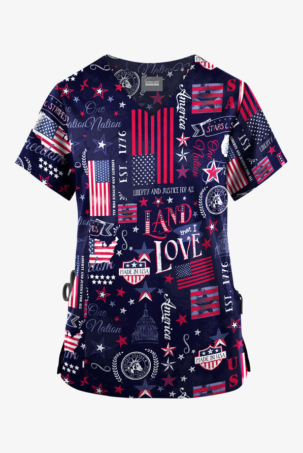 Butter-Soft Originals Freedom USA Navy Women's 2-Pocket V-Neck Print Scrub Top - null - 1