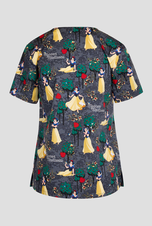 Tooniforms Disney's Sending Kindness Snow White Women's 2-Pocket STRETCH V-Neck Print Scrub Top - null - 2