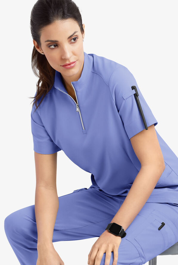 Easy STRETCH Jen Women's 4-Pocket Zip-Neck Short Sleeve Scrub Top - Ceil Blue - 7