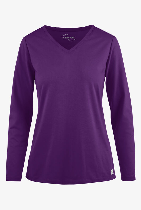 Butter-Soft STRETCH Women’s Cotton-Rich V-Neck Knit Underscrub - Eggplant - 1