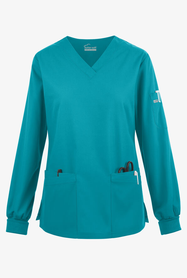 Blusa médica manga larga Butter-Soft Originals con cuello en V curvo y 7 bolsillos para mujer - Teal - 1