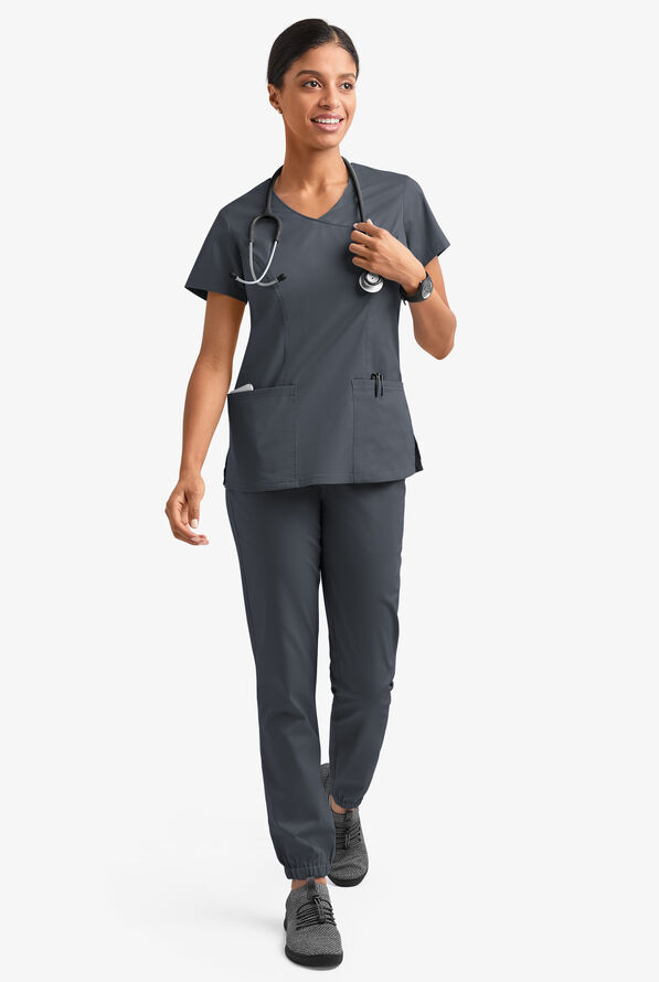 Blusa m&eacute;dica UA Butter-Soft STRETCH estilo cruzado con cuello en V y 3 bolsillos para mujer - Pewter - 6