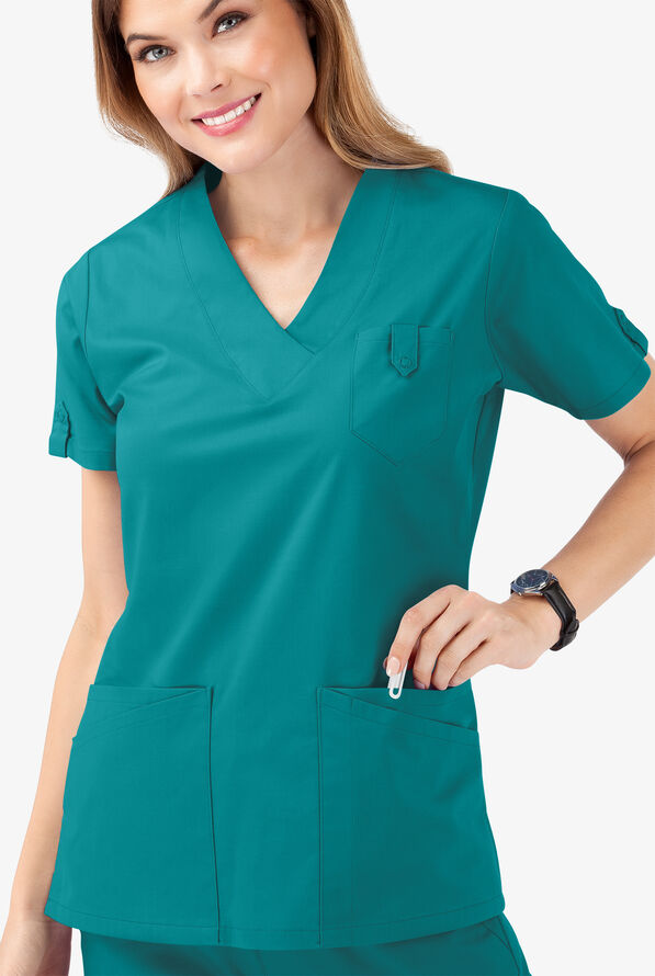Butter-Soft STRETCH Women's 6-Pocket V-Neck Scrub Top - Teal - 5