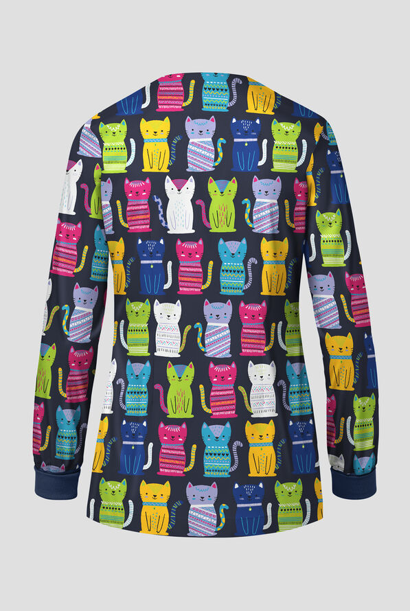Butter-Soft STRETCH Just Purr-Fect Navy Women's 3-Pocket Long Sleeve Snap-Front Print Scrub Jacket - null - 2