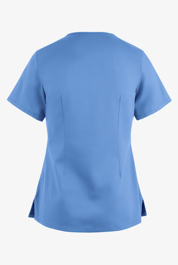 Blusa m&eacute;dica UA Butter-Soft STRETCH con lazos entrecruzados y 4 bolsillos para mujer - Ceil Blue - 4