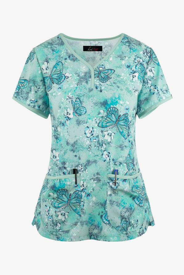 Koi Lite Butterfly Wonderland Women's 2-Pocket  STRETCH Y-Neck Print Scrub Top - null - 1
