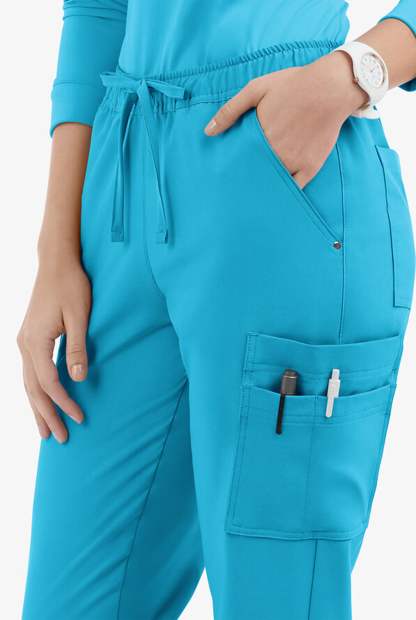 Easy STRETCH Halle Women's 11-Pocket Ruched Leg Jogger Scrub Pants - Petite - Turquoise - 3