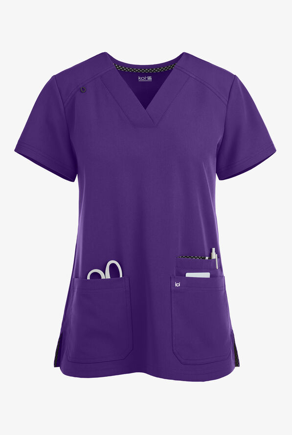 koi Next Gen Hustle and Heart Women's 3-Pocket STRETCH V-Neck Scrub Top - Grape - 1