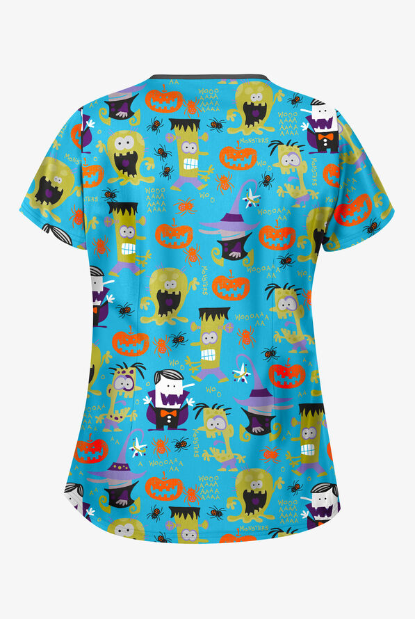 Butter-Soft Halloween Walk Turquoise Women's 4-Pocket Princess Seam Printed Scrub Top - null - 2