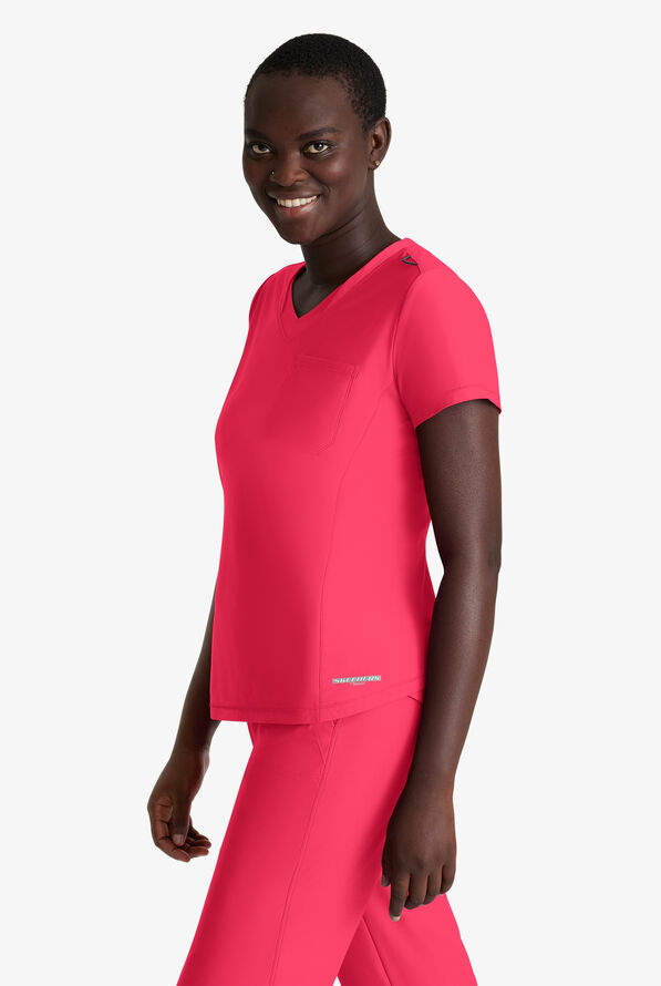 Skechers by Barco Slip-ins Flow Women's 1-Pocket STRETCH Tulip Hem Tuck In V-Neck Scrub Top - Punch Pink - 4
