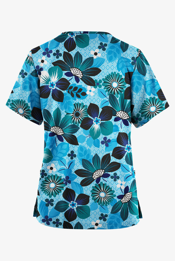 Butter-Soft Originals Maui Floral Turquoise Women's 2 Pocket V-Neck Print Scrub Top - null - 2