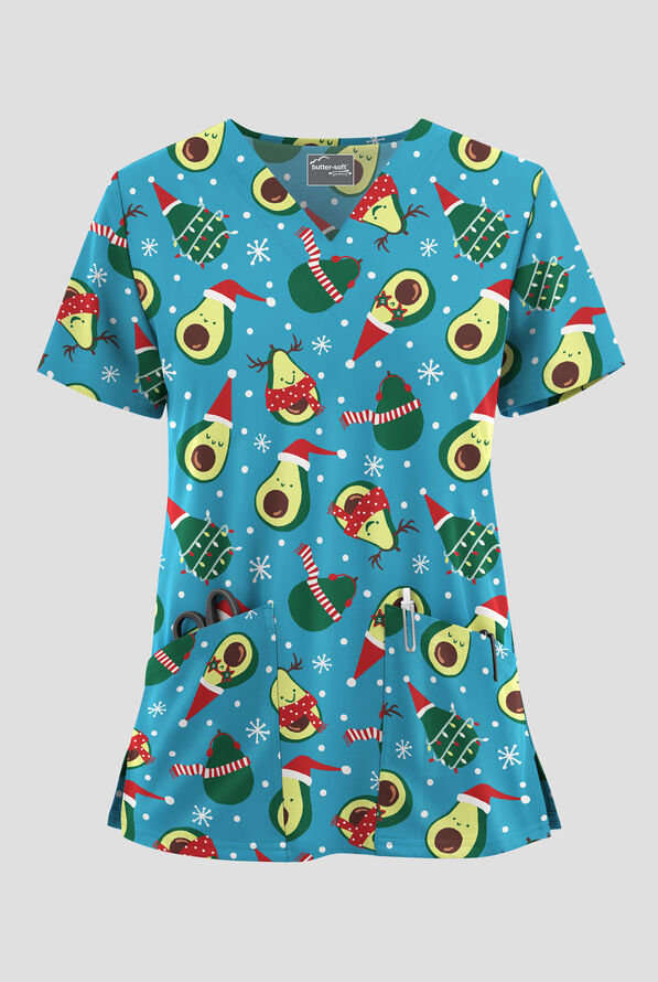 Butter-Soft STRETCH Avocaho Ho Ho Turquoise Women's 2-Pocket V-Neck Print Scrub Top - null - 1