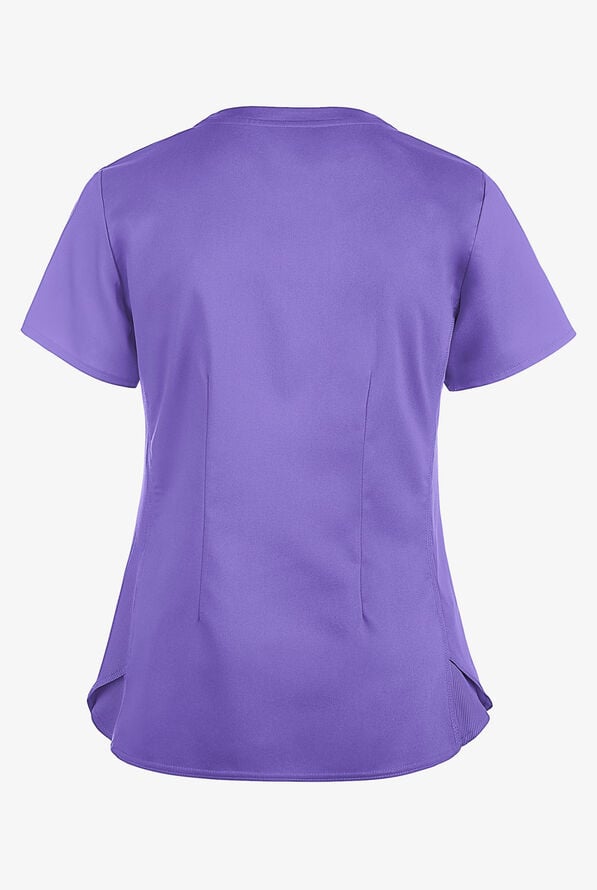 Med Couture Touch Women's 3-Pocket STRETCH Rib-Knit Side Panels Shirttail V-Neck Scrub Top - Electric Lavender - 2