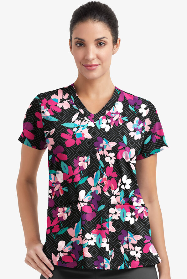Blusa médica estampada Easy Stretch Kyoto Floral Onyx con cuello en V y 2 bolsillos para mujer - null - 2