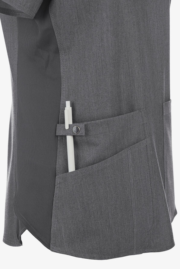 Med Couture Touch Women's 3-Pocket STRETCH Rib-Knit Side Panels Shirttail V-Neck Scrub Top - Slate Heather - 3