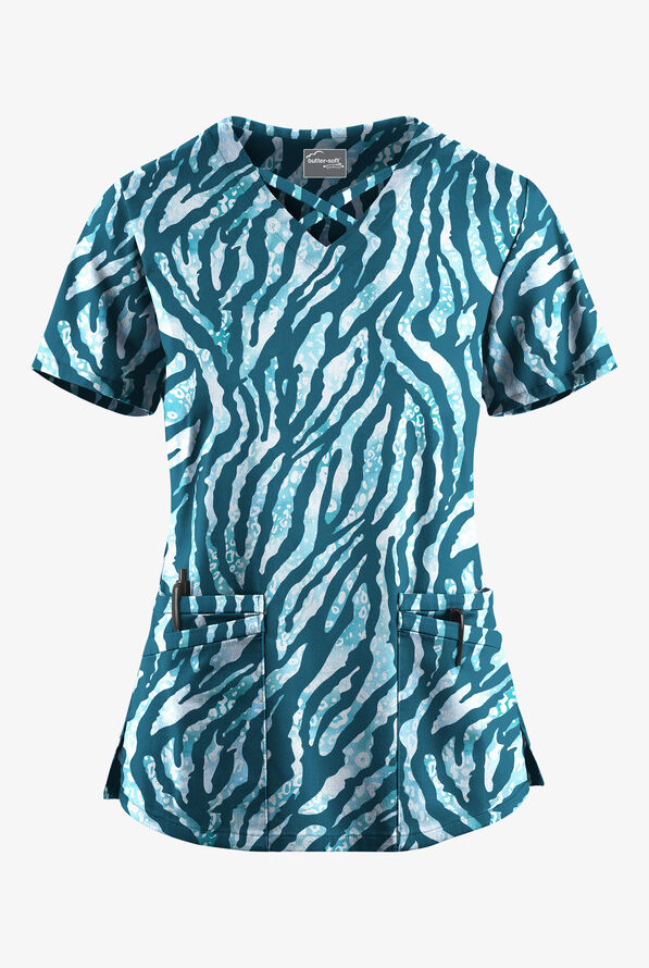 Butter-Soft STRETCH Tiger Fantasy Caribbean Blue Women's 4-Pocket Crisscross Print Scrub Top - null - 1