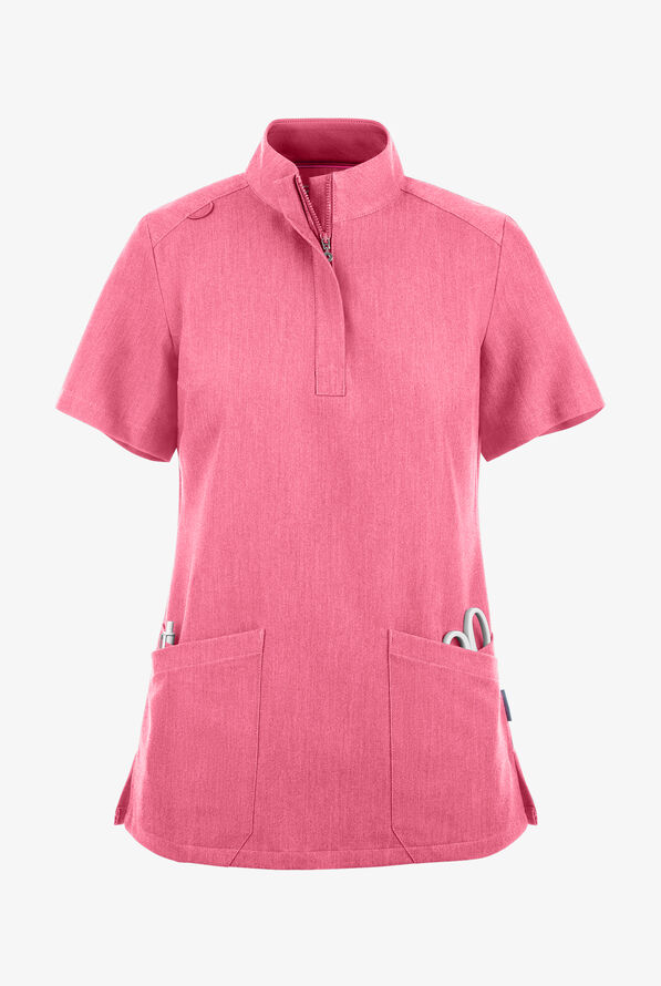 Movement by Butter-Soft Lyrae Women’s 6-Pocket Zip Closure Neck Scrub Top - Bright Pink Heather - 1