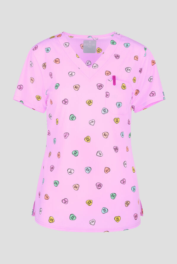 Med Couture Sweet Talker Women's 1-Pocket STRETCH Tuck In V-Neck Print Scrub Top - null - 1