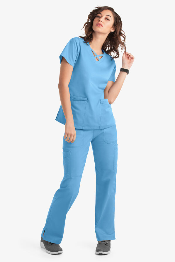 Blusa m&eacute;dica UA Butter-Soft STRETCH con lazos entrecruzados y 4 bolsillos para mujer - Blue Oasis - 6