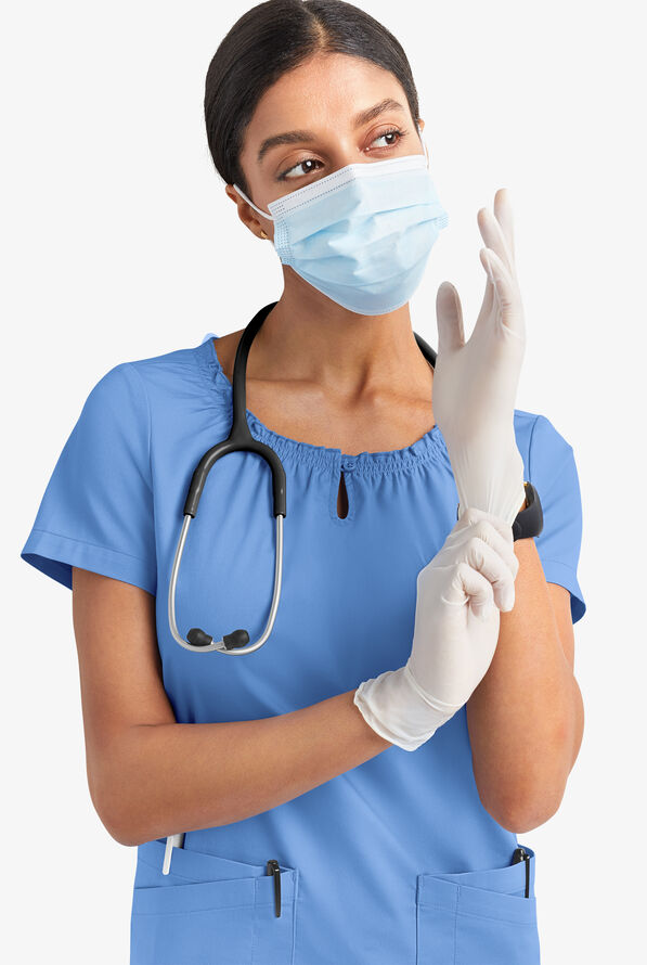 Blusa m&eacute;dica UA Butter-Soft STRETCH estilo campesina con mangas cortas y 6 bolsillos para mujer - Ceil Blue - 8