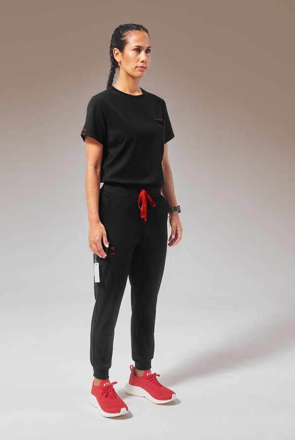 Hypothesis (RED) Base Women's 1-Pocket STRETCH Crew Neck Tuck-In Scrub Top - Jet Black - 5