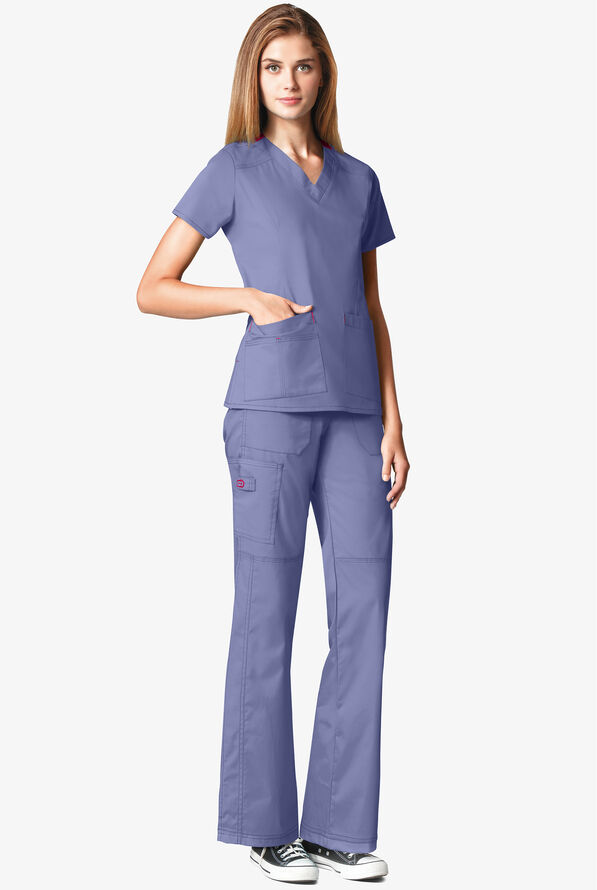 Blusa m&eacute;dica WonderWink WonderFLEX Verity STRETCH rica en algod&oacute;n con cuello en V y 4 bolsillos para mujer - Ceil/Papaya - 2