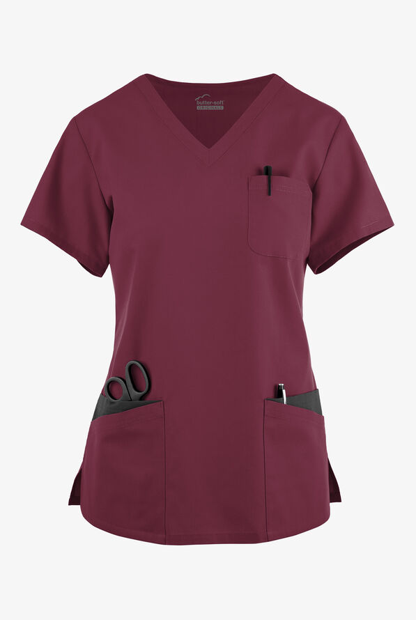 Blusa médica Butter-Soft Originals con cuello en V redondeado y 7 bolsillos para mujer - Wine/Black - 1