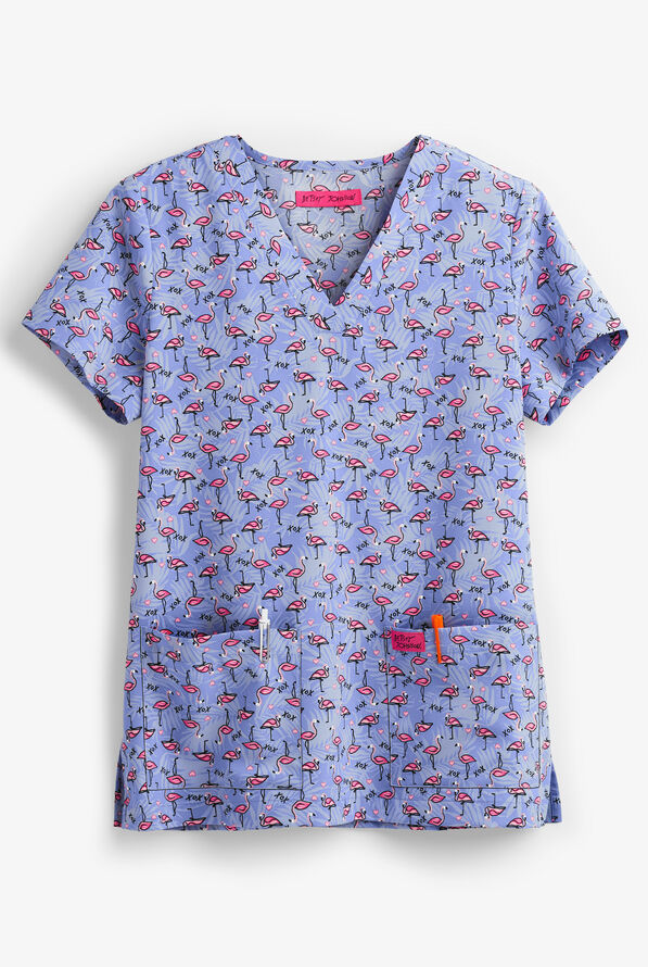 Blusa médica estampada Betsey Johnson Tropical Flamingo Bell con