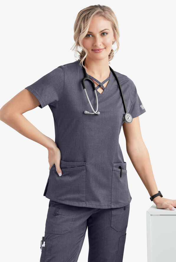 Blusa m&eacute;dica UA Butter-Soft STRETCH con lazos entrecruzados y 4 bolsillos para mujer - Indigo Denim - 2