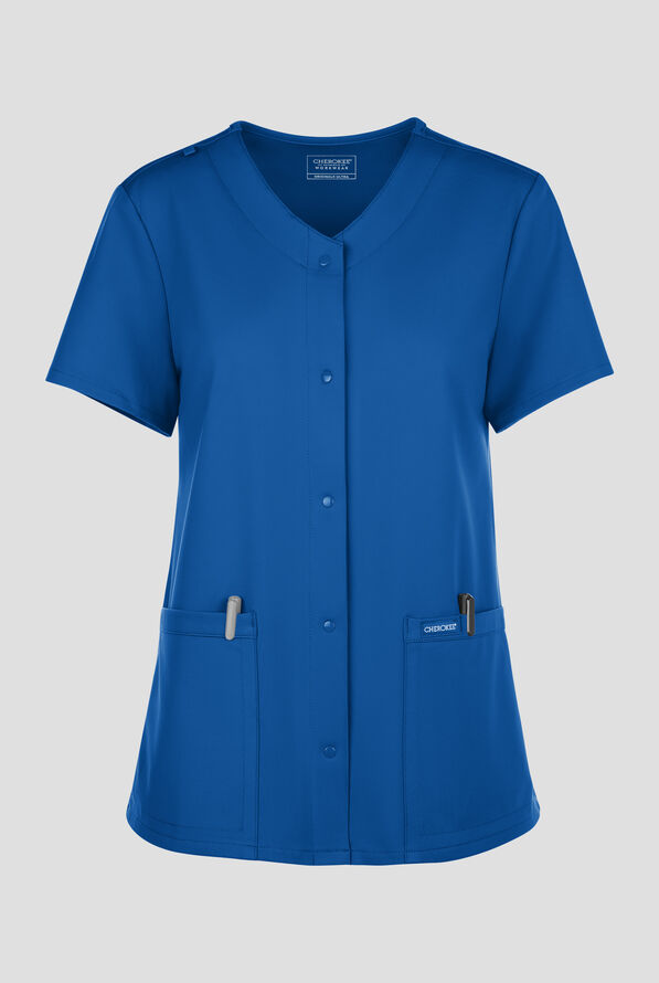 Cherokee Workwear Originals Ultra Women's 2-Pocket Snap Front V- Neck Scrub Top - Royal - 1