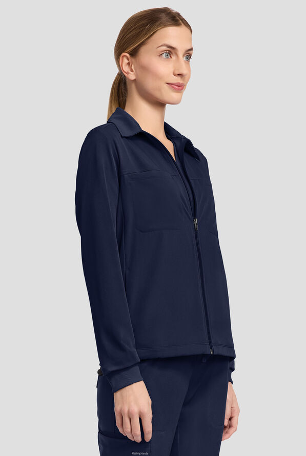 HH Works by Healing Hands Women's 7-Pocket STRETCH Shirt Collar Zip Front Scrub Jacket - Navy - 2