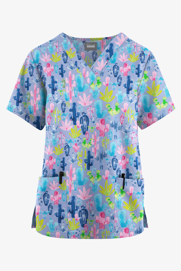 Blusa médica estampada Butter-Soft Originals Desert Cactus Ceil de corte clásico con cuello en V y 2 bolsillos para mujer - null - 1