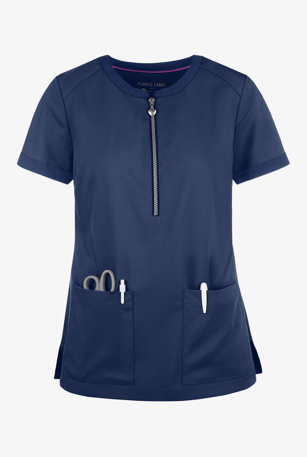 Healing Hands Purple Label Jean Women's 3-Pocket STRETCH Round Neck Scrub Top - Navy - 1