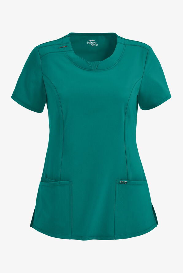 Infinity Women's 3-Pocket STRETCH Round Neck Scrub Top - Teal - 1